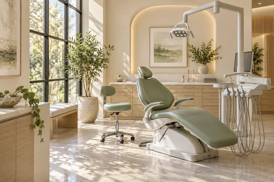 Illustrative dental studio with a sage chair and warm natural light